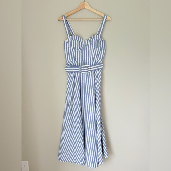NEW Cara Cara Calypso Midi Dress Ivory Blue Striped Seersucker | US 6 UK 10 - Picture 7 of 14